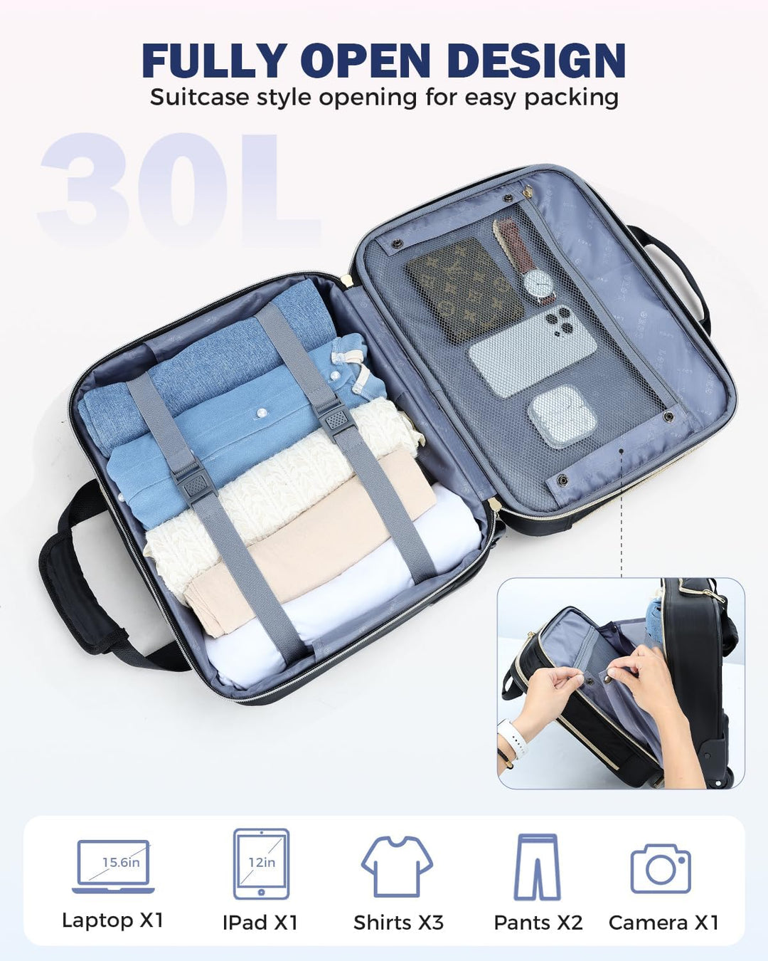 Eleganter Unisex Laptop Rollkoffer schwarz, 15,6 Zoll, optimiert für Geschäftsreisen und Flugzeug-Handgepäck.