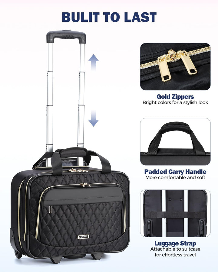 Organisierter 15,6 Zoll Laptop Rollkoffer schwarz für Businessreisen, mit Fächern für Notebook & Zubehör.