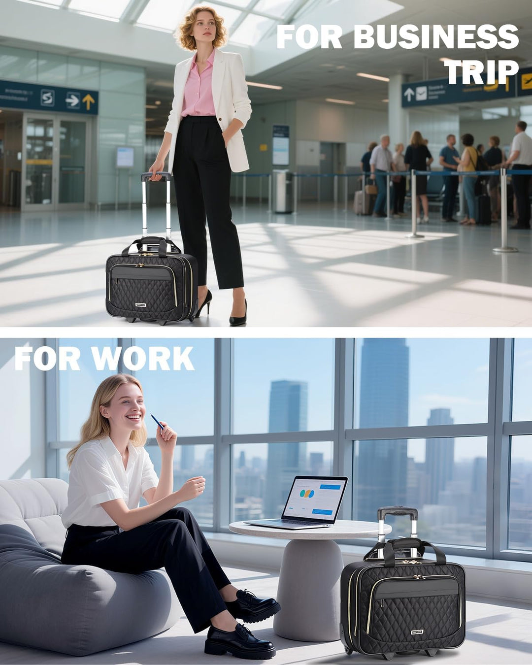 Unisex Business-Laptoptasche mit Rollen, 15,6 Zoll, schwarz, ideal für Reise-Handgepäck mit Notebookfach.