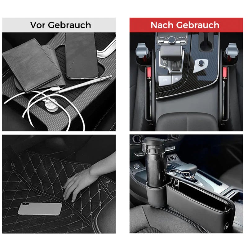 Beiger universeller Auto Organizer aus Leder; ideal für schnellen Zugriff und Ordnung im Auto.