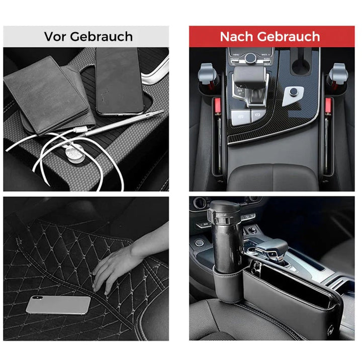 Beiger universeller Auto Organizer aus Leder; ideal für schnellen Zugriff und Ordnung im Auto.