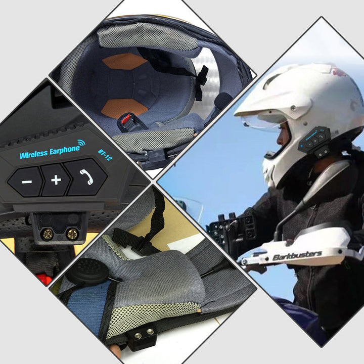 Universelles BT12 Bluetooth Helmaudio-System, kompatibel mit vielen Motorradhelmen.