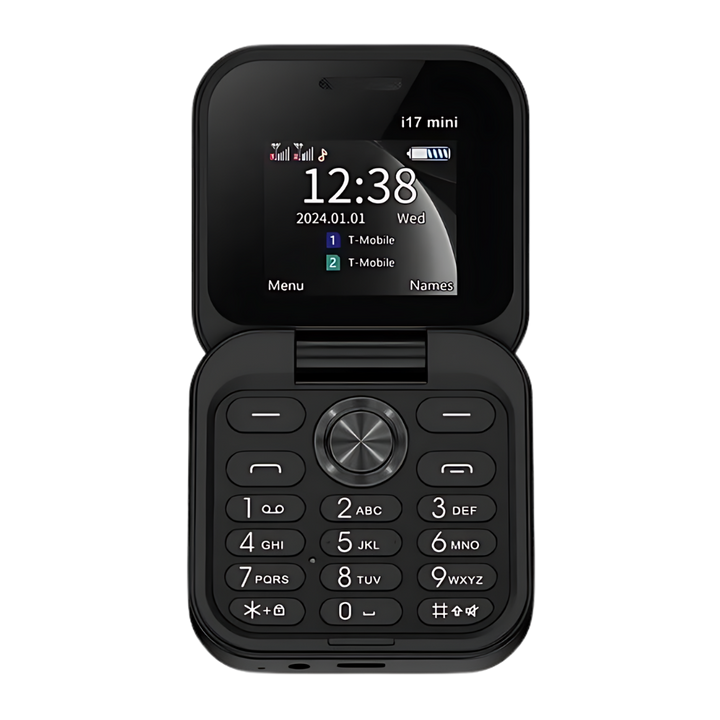 Schwarzes faltbares Klapphandy mit Dual-SIM, ideal für unterwegs.