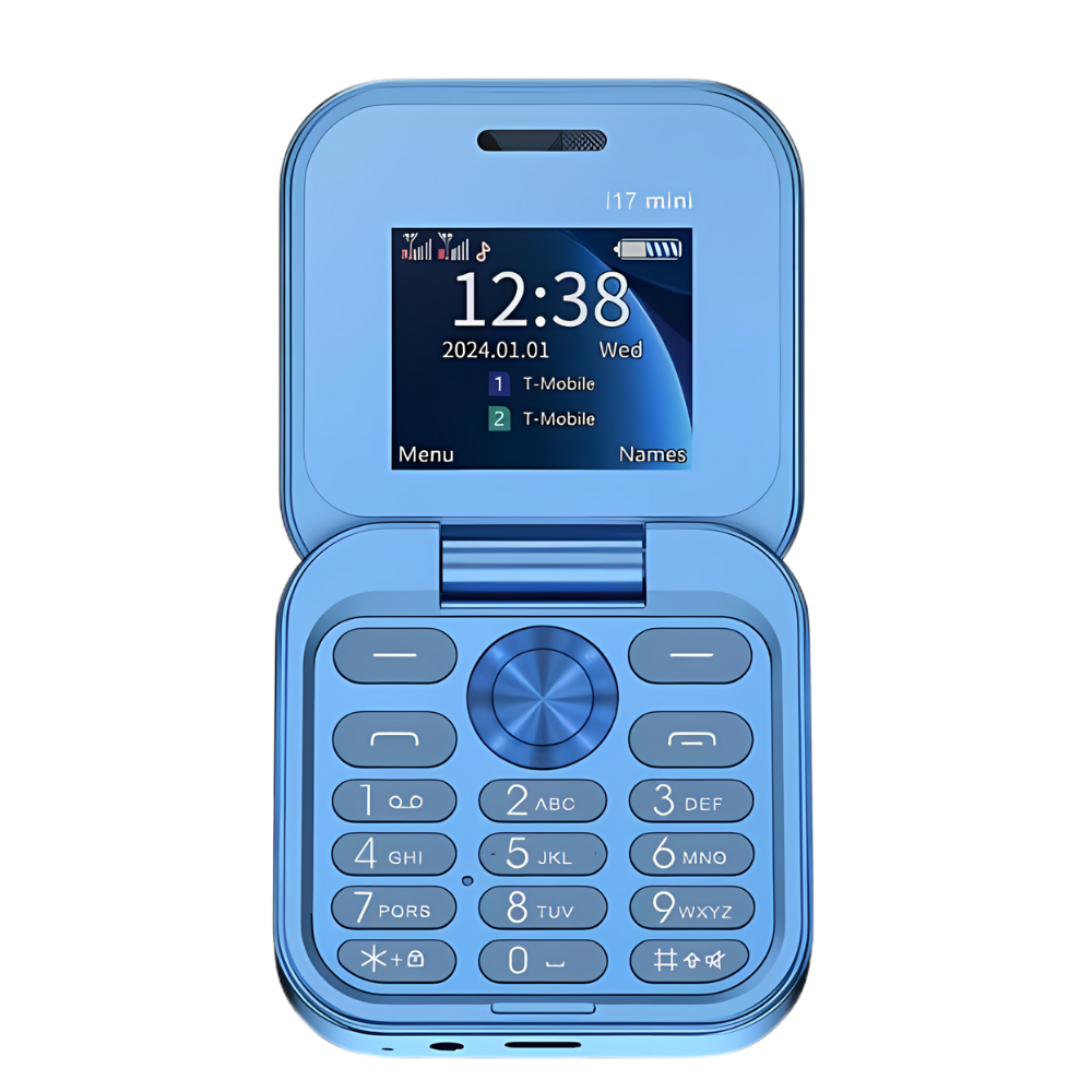 Stapel aus schwarzen, lila, blauen und goldenen faltbaren Dual-SIM Handys.