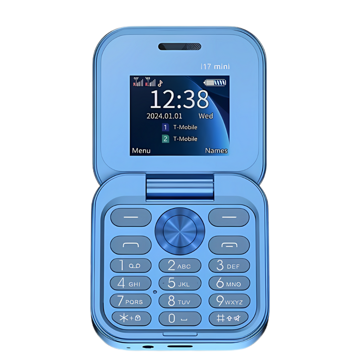 Stapel aus schwarzen, lila, blauen und goldenen faltbaren Dual-SIM Handys.