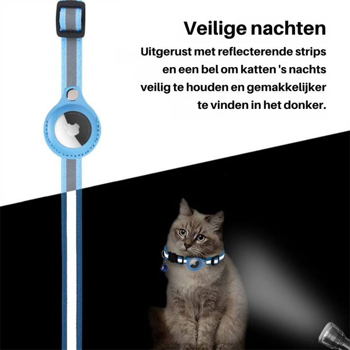 Katzenhalsband mit GPS-Halterung, reflektierendem Material und Sicherheitsverschluss, schützt Freigänger.