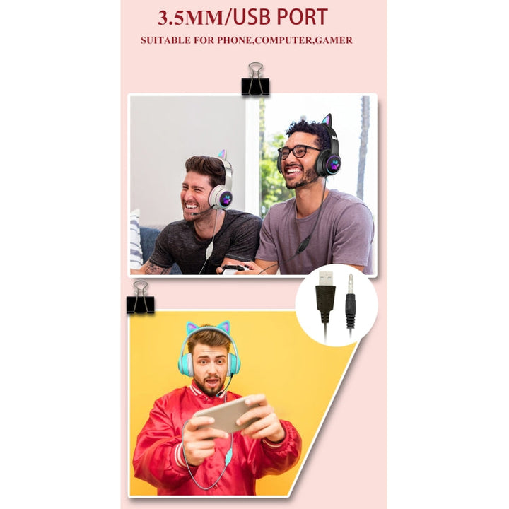 Unisex Gaming Headset, schwarz, mit leuchtenden LED-Katzenohren und Mikrofon für klare Kommunikation; faltbar.