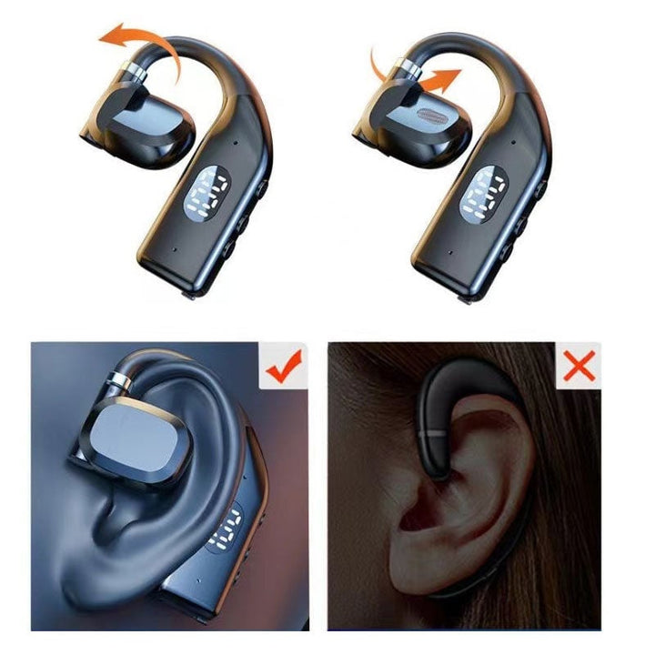Schweißresistentes Open-Ear Bluetooth Headset, schwarz, perfekt für Sport und aktive Tage.