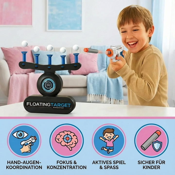 Nahaufnahme der schwebenden Bälle des Zielschuss Spiels. Innovatives Geschicklichkeitsspiel, Lernspielzeug für Kinder.