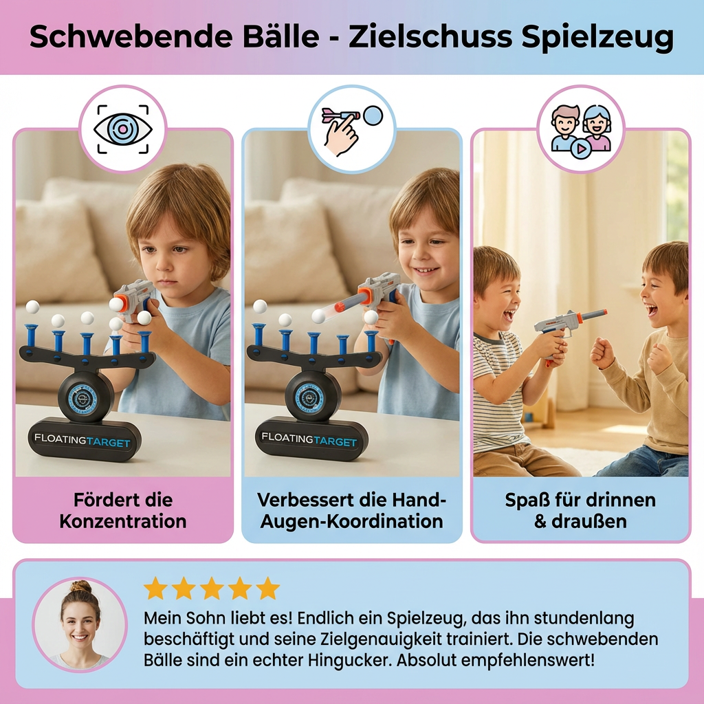 Gesamtes Set des Schwebende Bälle Zielschuss Spiels: Bälle, Basis & Blaster. Ideales Geschenk für Kinder & Familienspiel.