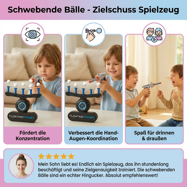 Gesamtes Set des Schwebende Bälle Zielschuss Spiels: Bälle, Basis & Blaster. Ideales Geschenk für Kinder & Familienspiel.