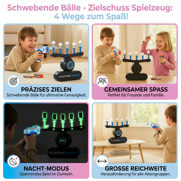 Ein Kind zielt mit dem Blaster auf die schwebenden Bälle. Spannendes Zielschuss-Spiel für Präzision & Konzentration.