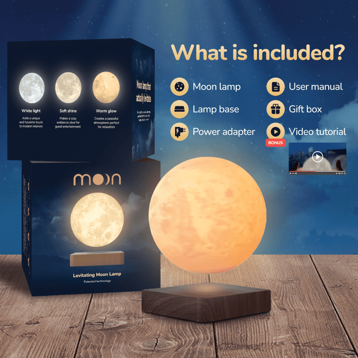 Die MOONFLOAT Mondlampe im Farbwechsel-Modus, eine schwebende LED Tischleuchte, die verschiedene Stimmungen erzeugt.