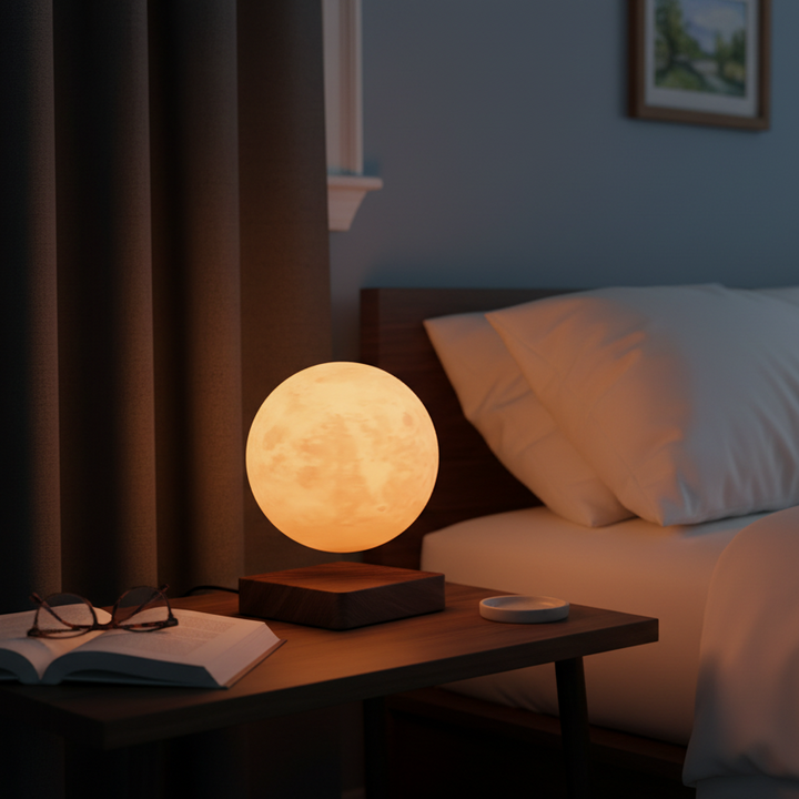 Faszinierende schwebende Mondlampe MOONFLOAT, LED Tischleuchte, magnetisch über ihrem Sockel schwebend mit Farbwechselfunktion.