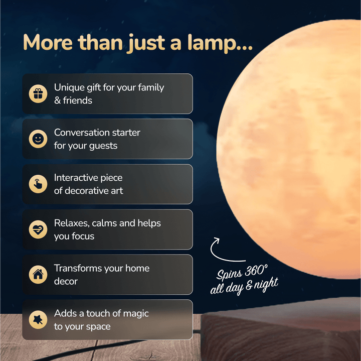 Nahaufnahme der detaillierten Oberfläche der schwebenden MOONFLOAT Mondlampe, beleuchtet und bereit für Farbwechsel.