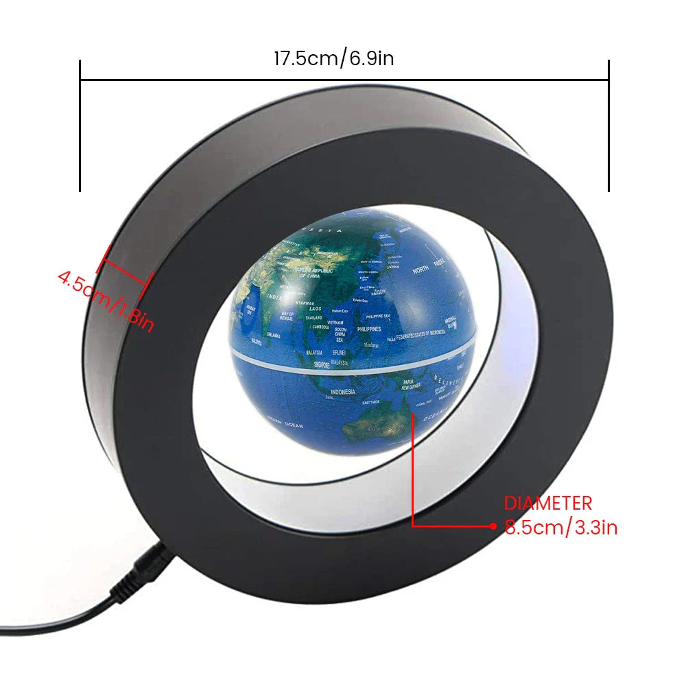 Einzigartiger schwebender Globus mit magnetischer Levitation und farbiger LED-Beleuchtung, futuristische Deko.