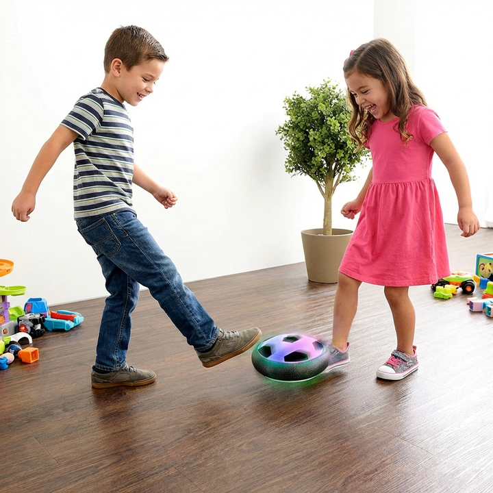Schwebender LED Indoor-Fußball für Kinder & Erwachsene, gleitet auf Luftkissen, perfekt als Familienspiel & Geschenk.
