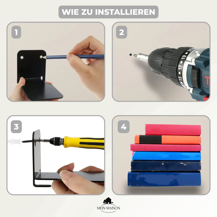 Schwarzes, schwebendes Wandregal 4er-Set aus Metall, minimalistisches Design für modernen Stauraum im Wohnzimmer.