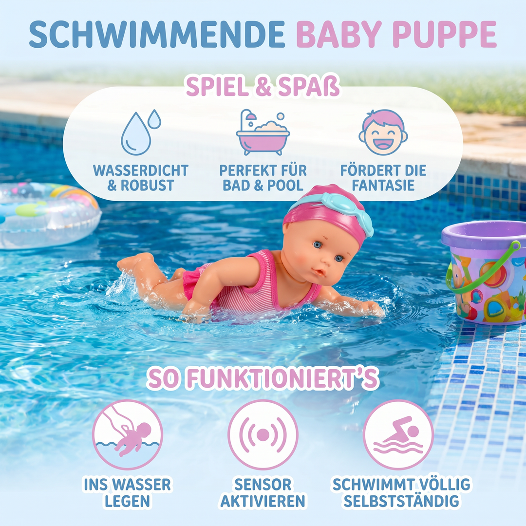 Kind spielt mit schwimmender Baby Puppe im Pool; wasserdichtes elektrisches Poolspielzeug.