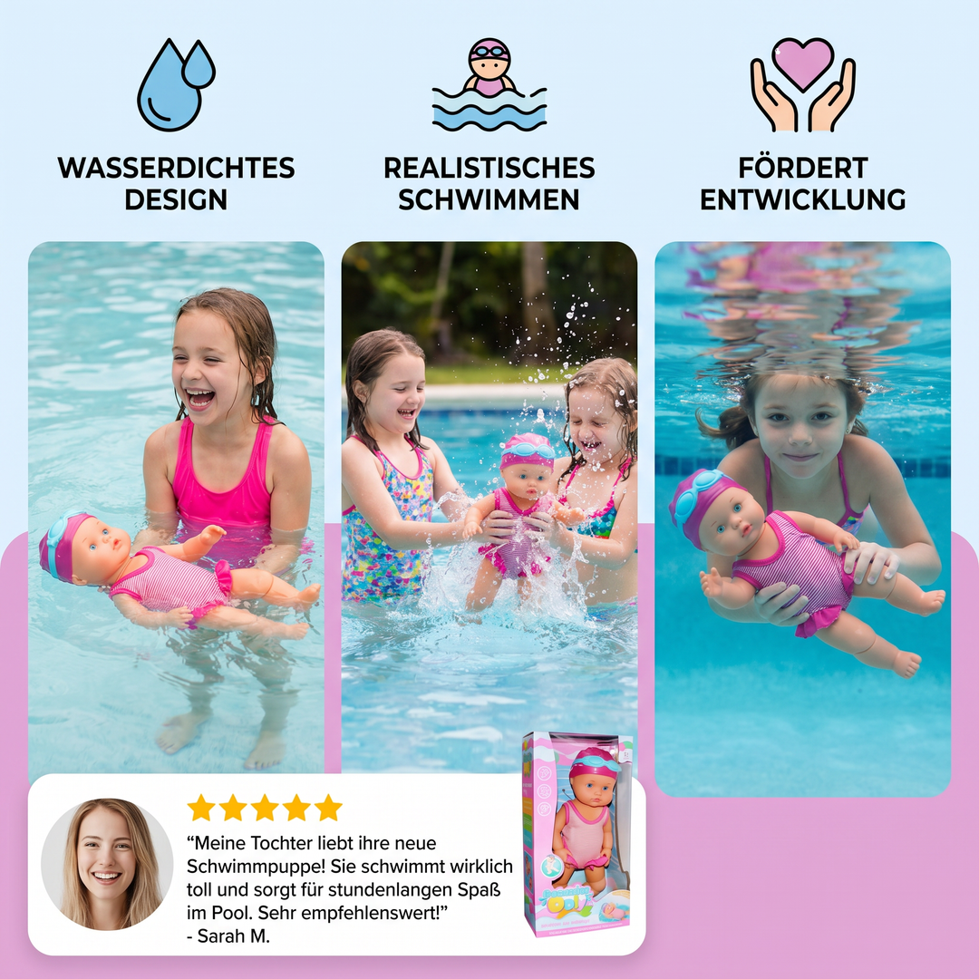 Badespaß mit schwimmender Baby Puppe; elektrisches Badewannenspielzeug für Kinder.