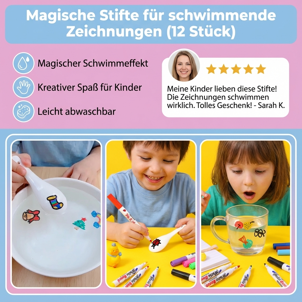Bunte schwimmende Malstifte, die Kinder zum Malen und Zeichnen im Wasser anregen. Kreatives Spielzeug für Badewanne.
