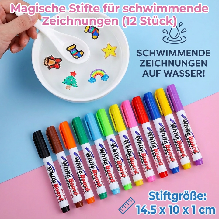 Detailansicht der zauberhaften schwimmenden Malstifte für Kinder, die auf dem Wasser tanzen. Kreatives Spielzeugset.