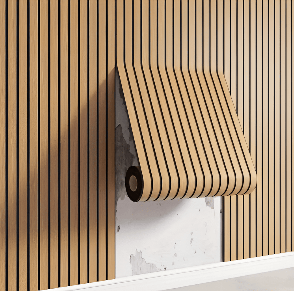 Einfach montierbare selbstklebende 3D Akupanel Wandpaneele in Holzoptik für schnelle und moderne Wandverkleidung.