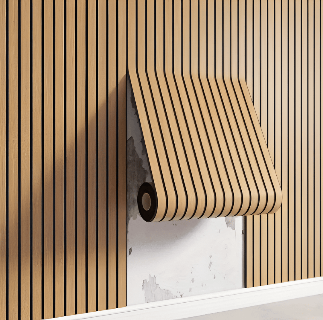Einfach montierbare selbstklebende 3D Akupanel Wandpaneele in Holzoptik für schnelle und moderne Wandverkleidung.