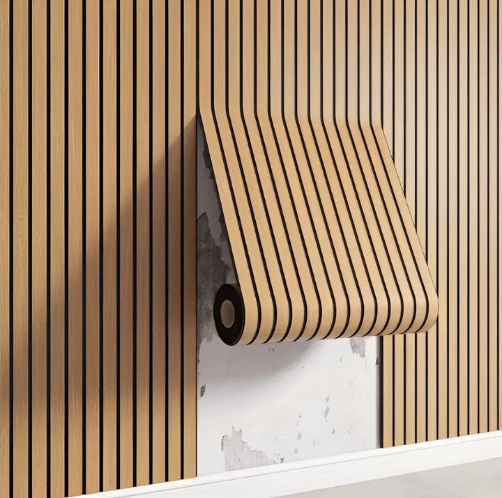 Einfach montierbare selbstklebende 3D Akupanel Wandpaneele in Holzoptik für schnelle und moderne Wandverkleidung.