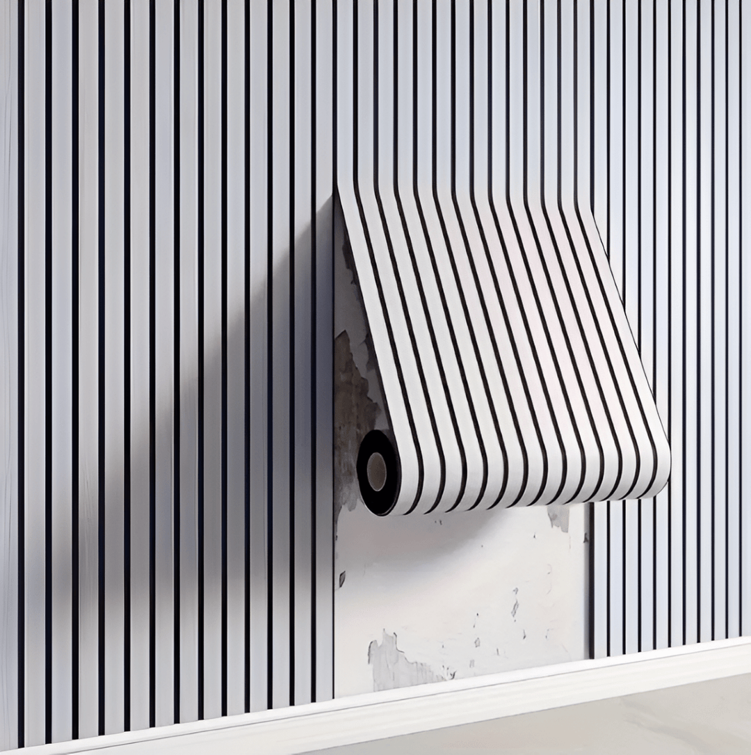 Modernes 3D Akupanel in Holzoptik als selbstklebende Wandverkleidung für stilvolle Raumgestaltung im Wohnzimmer.