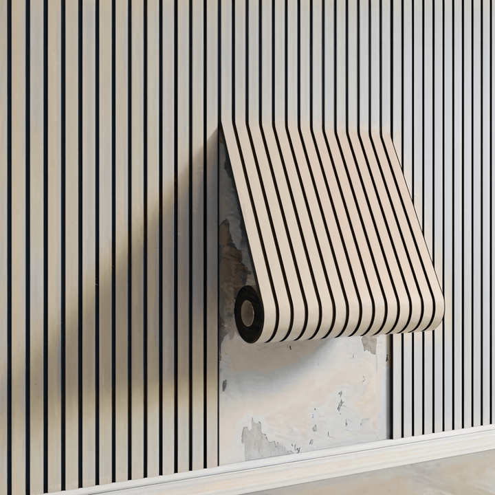 Selbstklebende 3D Akupanel Wandpaneele mit Holzoptik für moderne Wohnzimmer Deko und stilvolle Raumgestaltung.