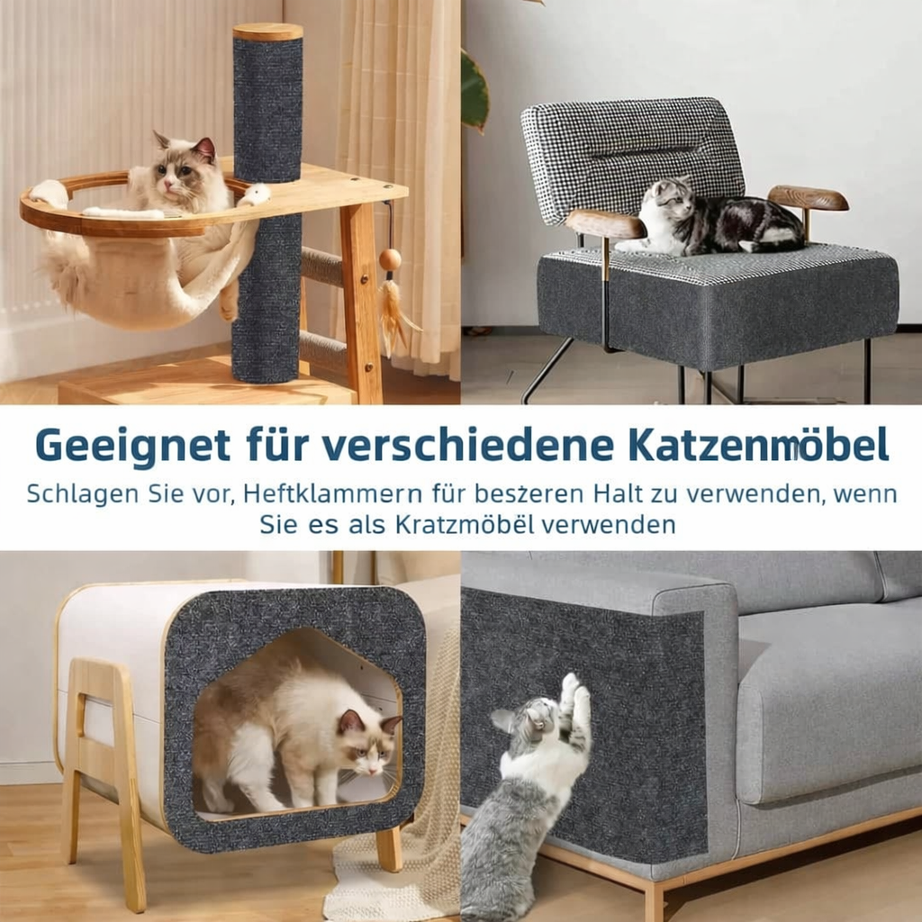 Transparente, selbstklebende Kratzmatte für Katzen als Möbelschutz an Sofas und Sesseln im Wohnbereich.
