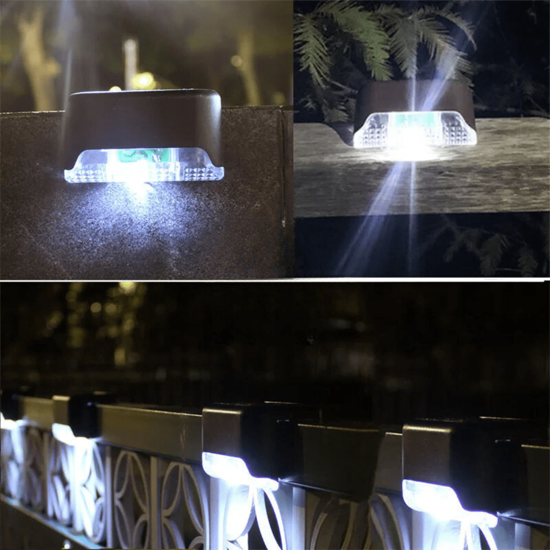 Wetterfeste LED-Solarleuchten für die Terrasse. Selbstklebend, sorgen für stimmungsvolle Gartenbeleuchtung.