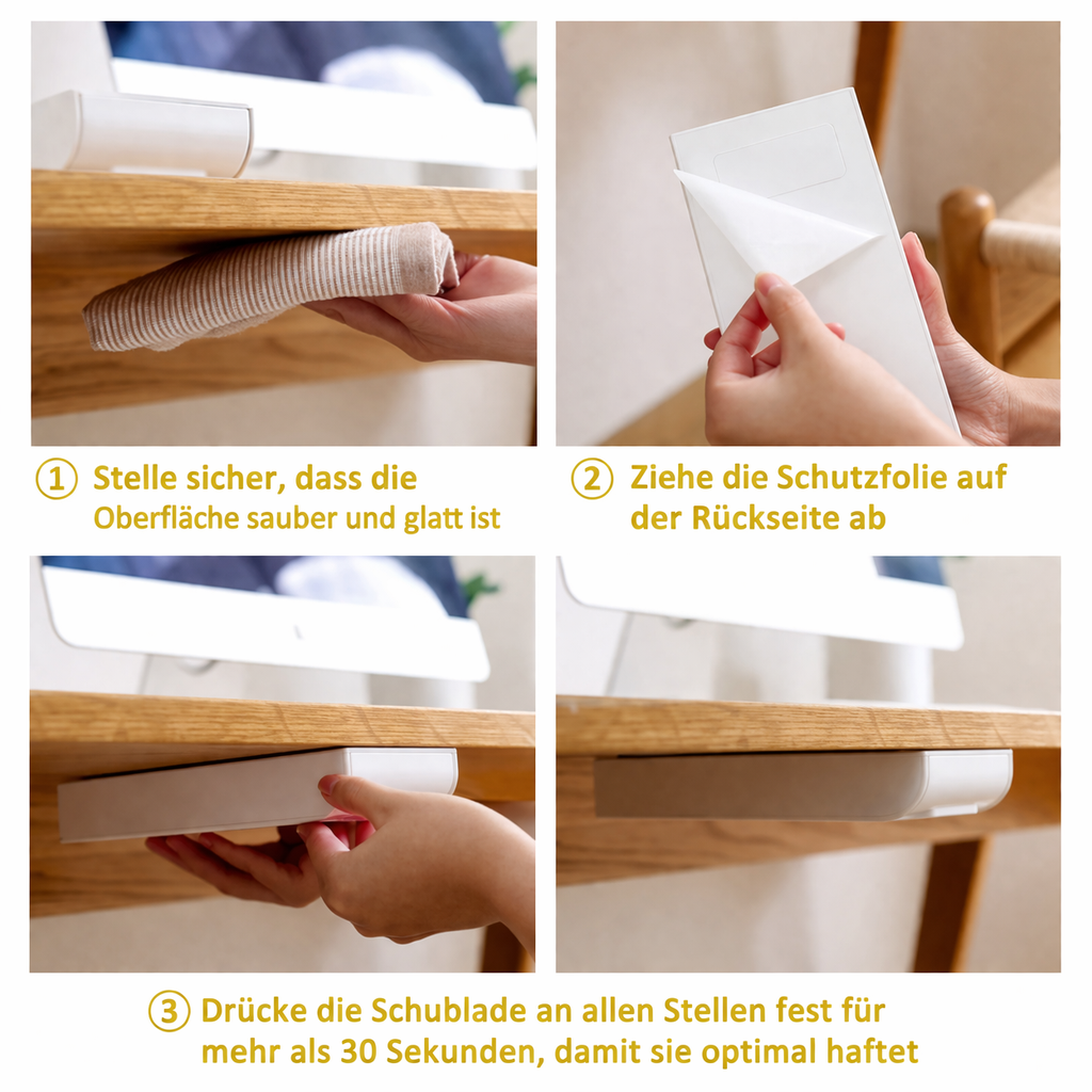 Detailansicht der starken Klebefläche der selbstklebenden Untertisch-Schublade für dauerhaften Halt.