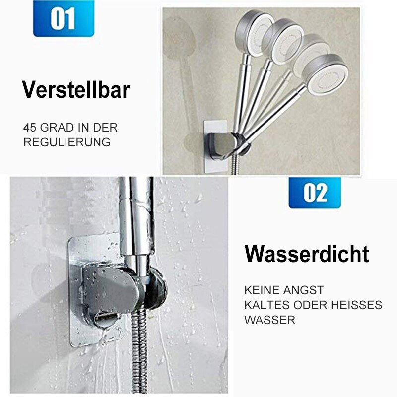 Silberner, selbstklebender Duschkopfhalter, bohrfrei & verstellbar. Ideale Halterung für Badezimmer & Dusche.