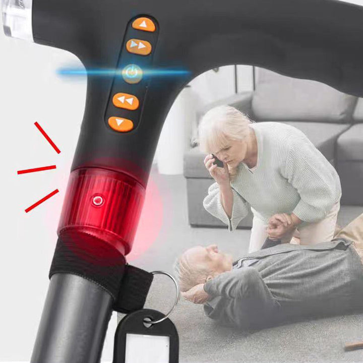 Senioren Smart-Gehstock schwarz mit hellem LED-Licht & integriertem Notfallalarm für Sicherheit.