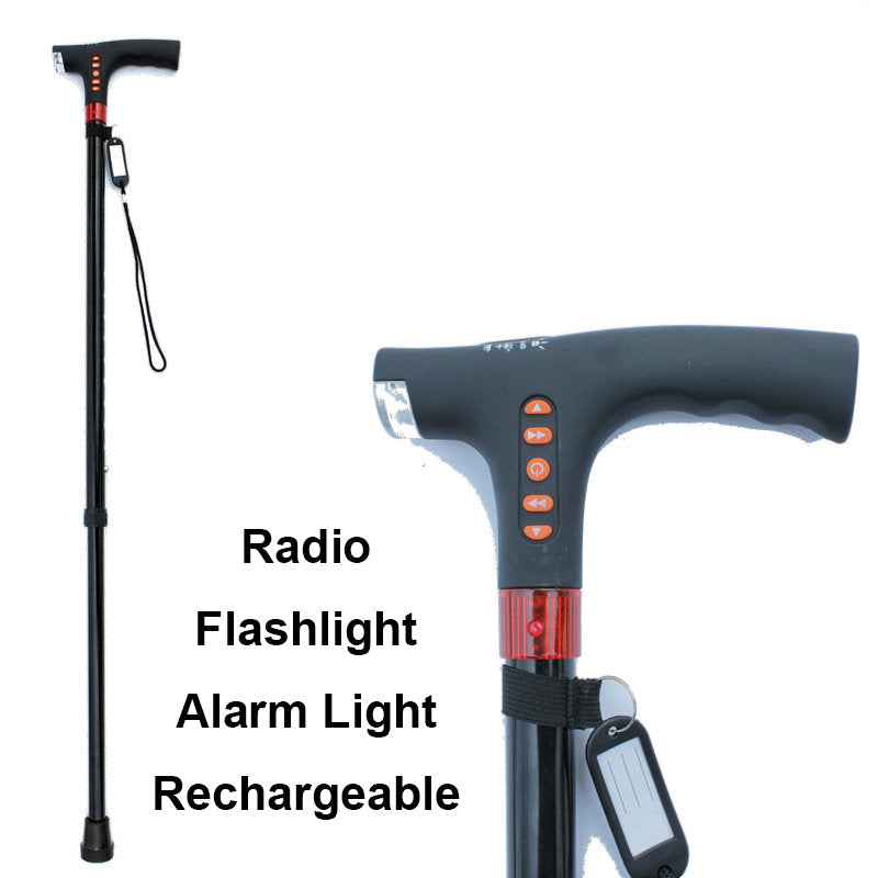 Praktischer Gehstock schwarz, faltbar, für Senioren mit LED-Taschenlampe & Notfall-SOS-Taste.