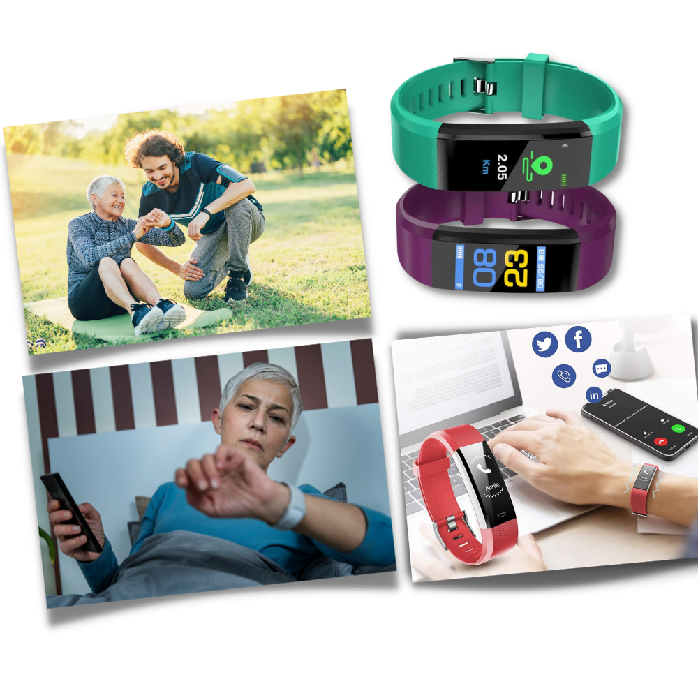 Senior trägt Smartwatch am Handgelenk; Display zeigt Herzfrequenz- & Aktivitätsdaten an.