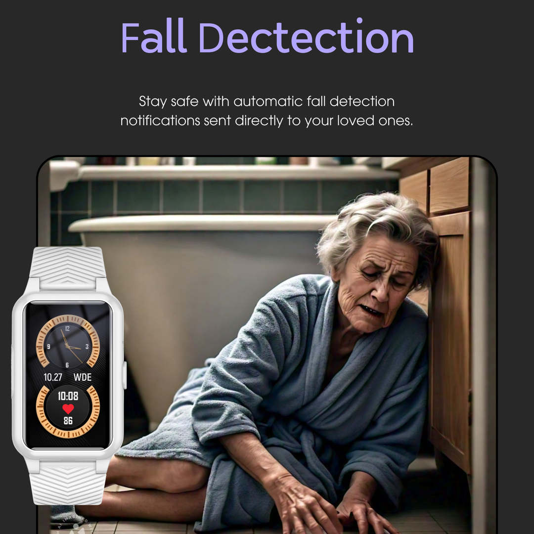 Smartwatch für Senioren bequem am Handgelenk eines älteren Menschen, symbolisiert Sicherheit und Autonomie.