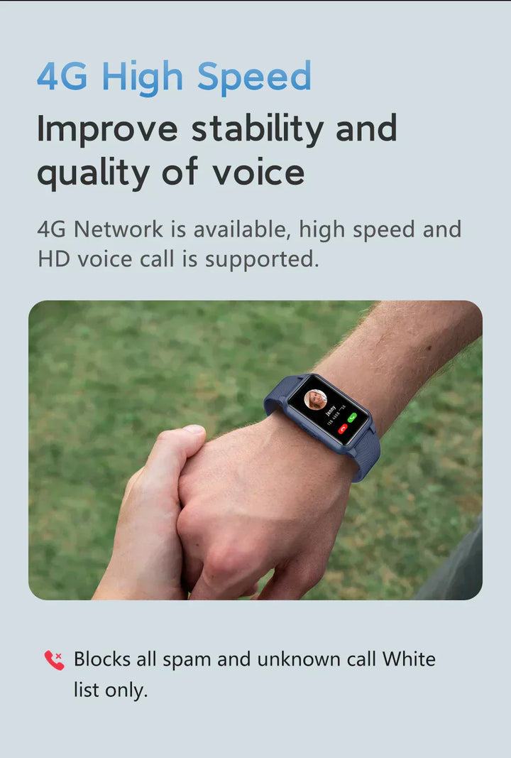 Nahaufnahme der Senioren Smartwatch, die eine automatische Sturzerkennung und Notfallbenachrichtigung anzeigt.