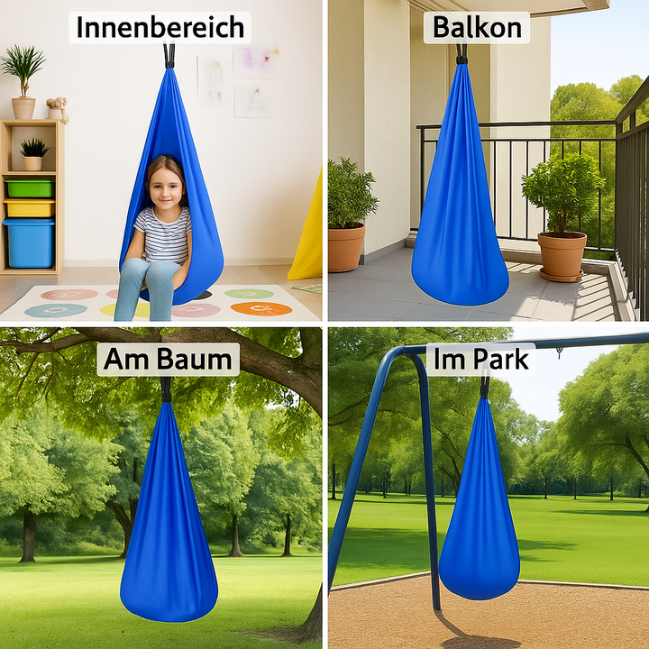 Erwachsener entspannt in der SensoNest Cocoon-Schaukel; hilft bei Stressabbau & innerer Ruhe.