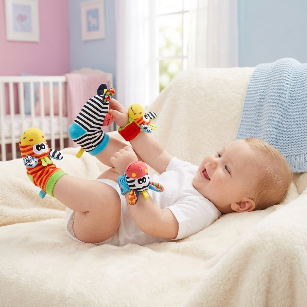 Sensorische Baby Socken und Armbänder mit Tierdesign, ideal für Entwicklung und Spiel.