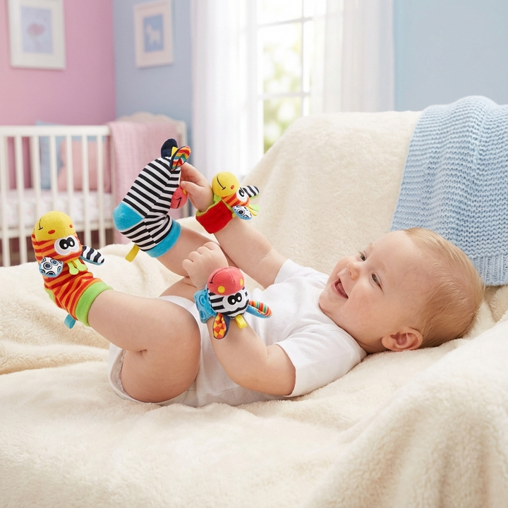 Sensorische Baby Socken und Armbänder mit Tierdesign, ideal für Entwicklung und Spiel.