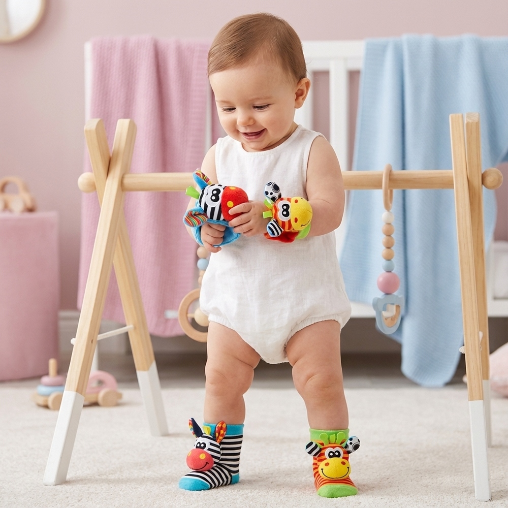 Bunte Sensorik-Babysocken mit Rasseln, weich und stimulierend für kleine Füße und Motorik.