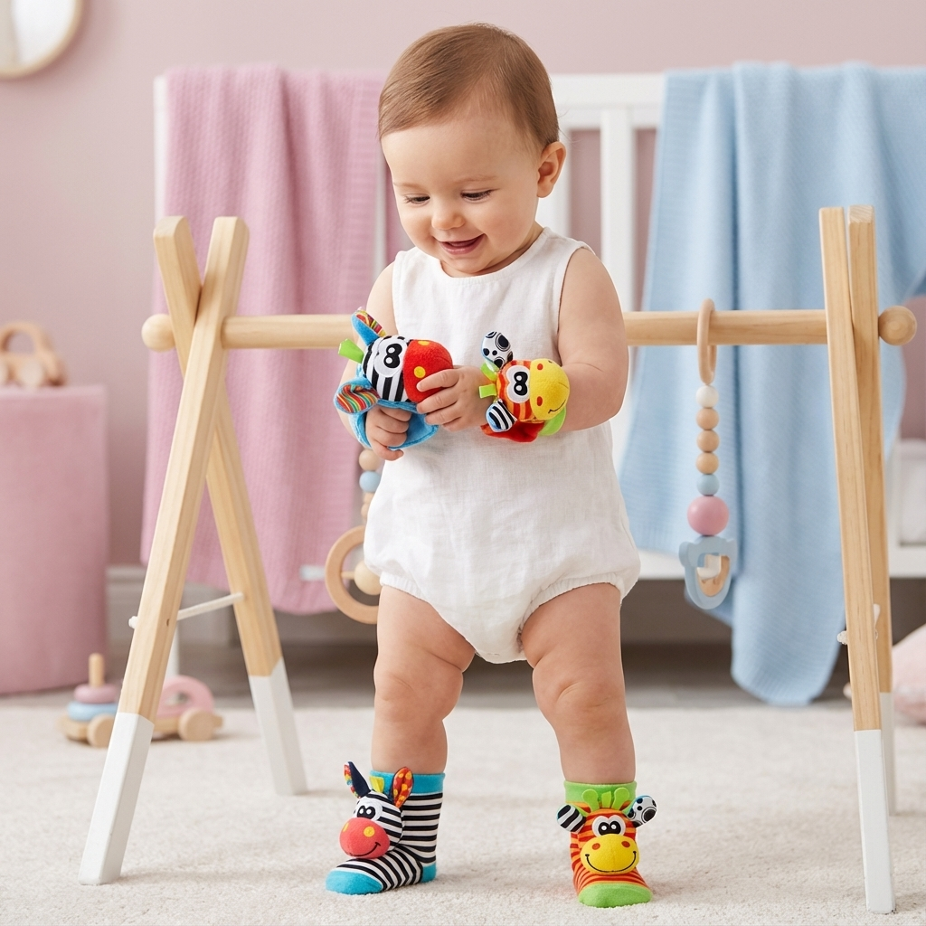 Bunte Sensorik-Babysocken mit Rasseln, weich und stimulierend für kleine Füße und Motorik.