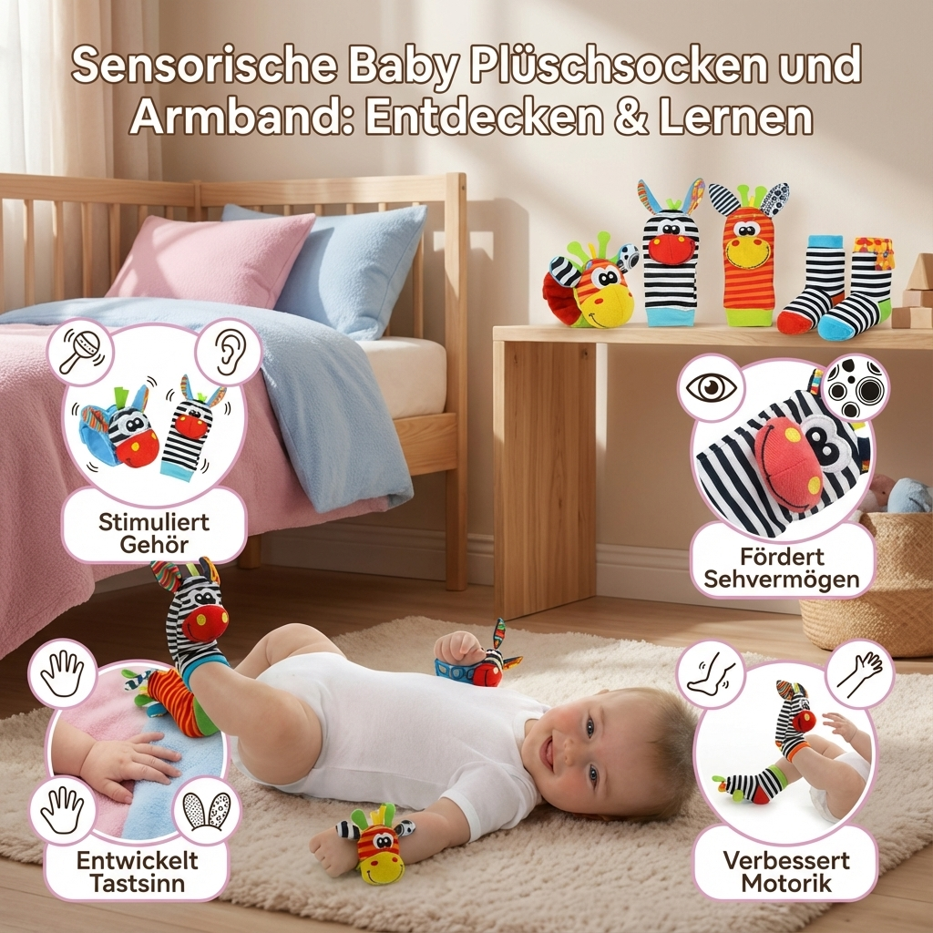 Weiche Baby-Armbänder mit Tierköpfen und Rasseln, fördern Greifen und auditive Wahrnehmung.