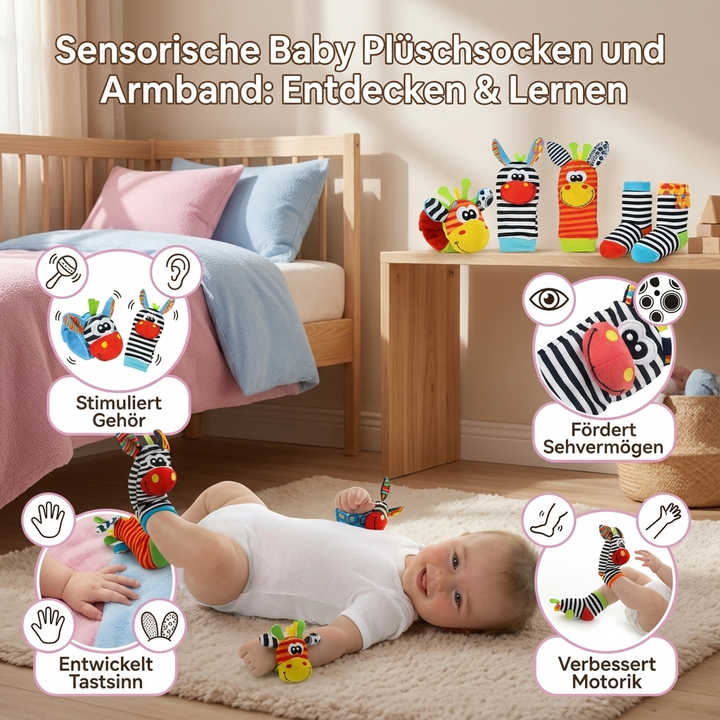 Weiche Baby-Armbänder mit Tierköpfen und Rasseln, fördern Greifen und auditive Wahrnehmung.