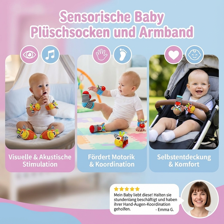 Entwicklungsspielzeug: Sensorische Babysocken und Armbänder mit integrierten Rasseln und Knisterfolie.