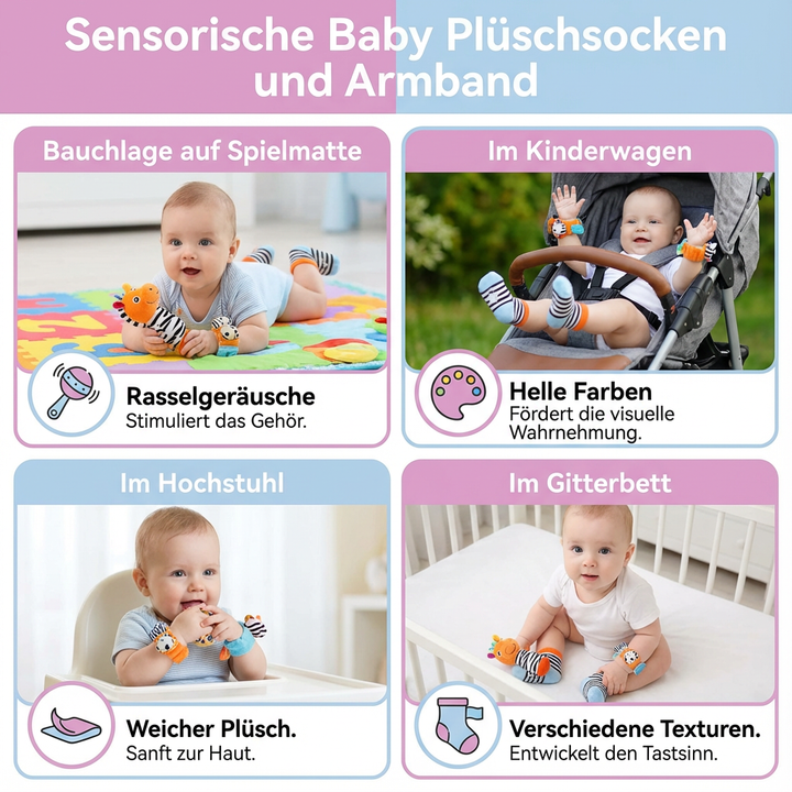 Süßes Baby-Sensorik-Set mit Tier-Motiven (Elefant, Zebra) als Socken und Armbänder für Neugeborene.