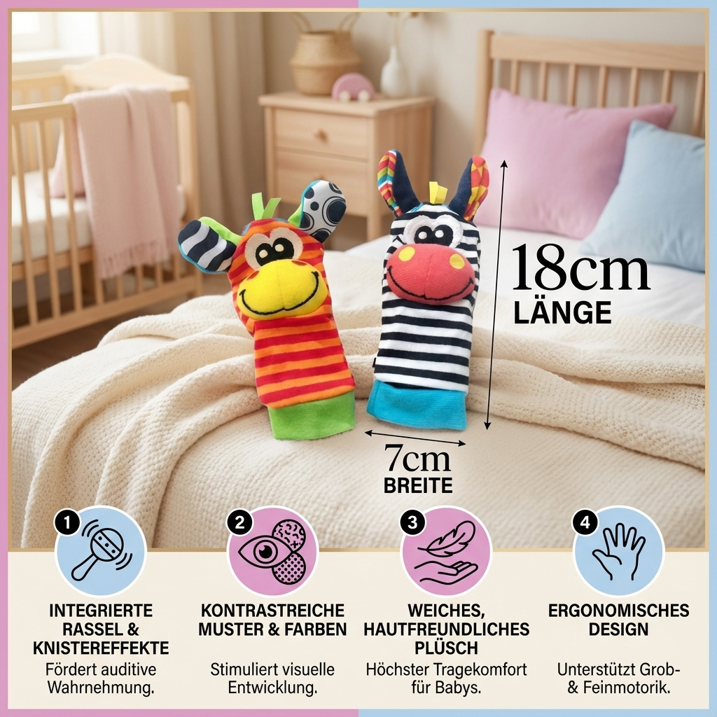 Baby spielt fröhlich mit den bunten sensorischen Tier-Socken und Armbändern an Händen und Füßen.